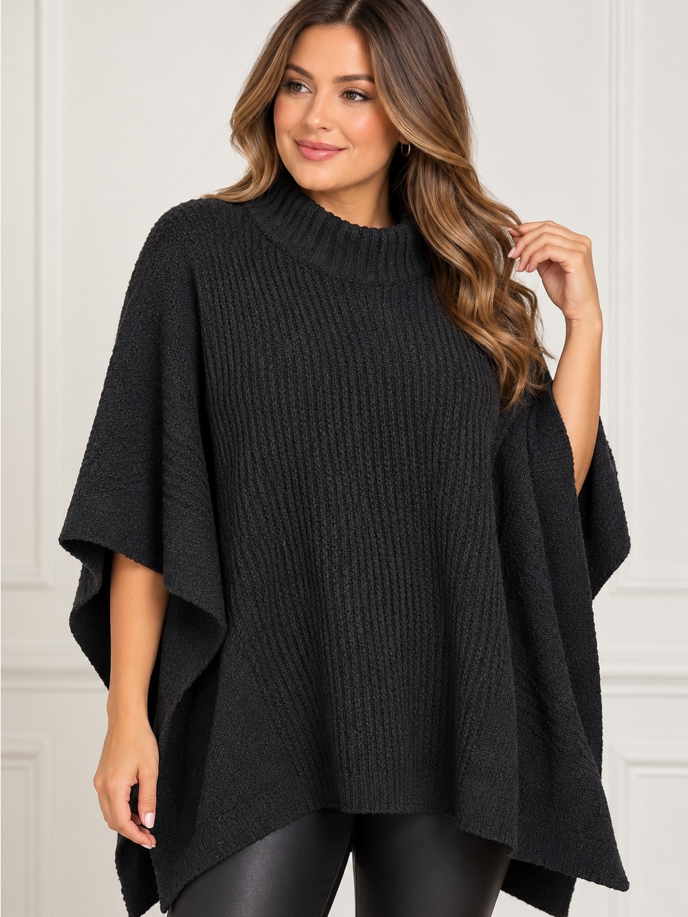 Elie Tahari Black Knit Poncho Sweater S/M NWT Oversized Mock Neck